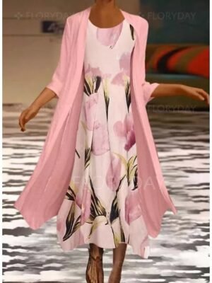 Elegant Ruched Floral Crew Neck 3/4 Sleeve Midi Dress Set - Image 4