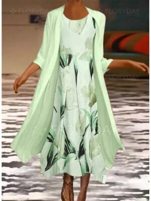 Elegant Ruched Floral Crew Neck 3/4 Sleeve Midi Dress Set - Image 5