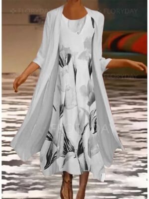 Elegant Ruched Floral Crew Neck 3/4 Sleeve Midi Dress Set - Image 6