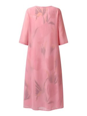 Elegant Ruched Floral Crew Neck 3/4 Sleeve Midi Dress Set - Image 7