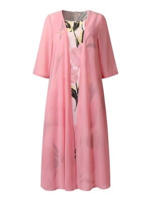 Elegant Ruched Floral Crew Neck 3/4 Sleeve Midi Dress Set - Image 8