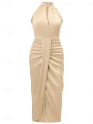 Elegant Ruched Halter Neck Sleeveless Midi Dress - Image 19