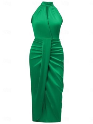 Elegant Ruched Halter Neck Sleeveless Midi Dress - Image 21