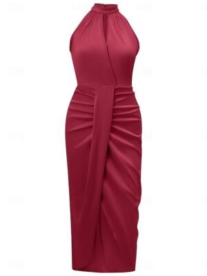 Elegant Ruched Halter Neck Sleeveless Midi Dress - Image 26