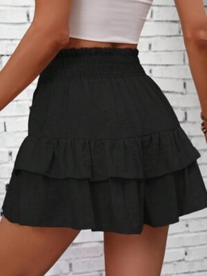 Elegant Ruffle Plain High Waist Short Black Shorts - Image 3