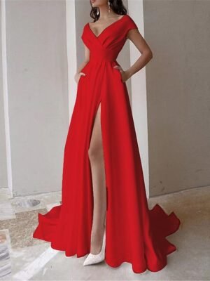 Elegant Ruffle V Neck Short Sleeve Midi Prom Dress - Image 7