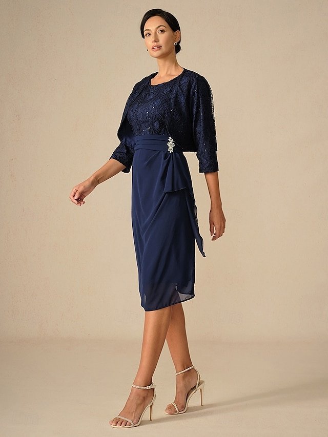 Elegant Sheath Lace Patchwork Crew Neck 3/4 Sleeve Midi Dress - Image 1