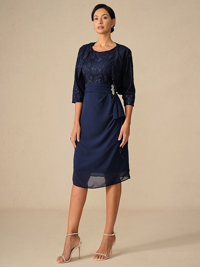 Elegant Sheath Lace Patchwork Crew Neck 3/4 Sleeve Midi Dress - Image 2