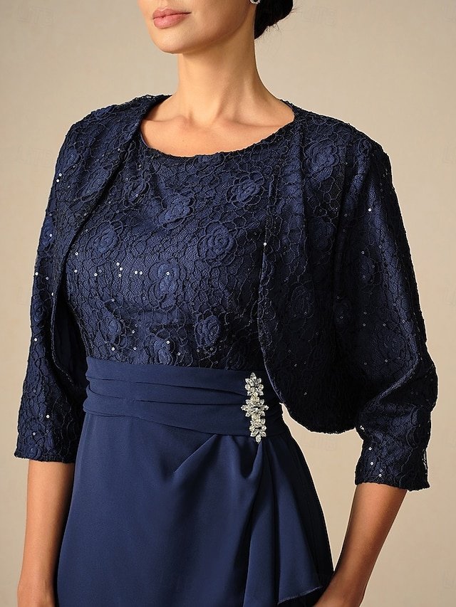Elegant Sheath Lace Patchwork Crew Neck 3/4 Sleeve Midi Dress - Image 2