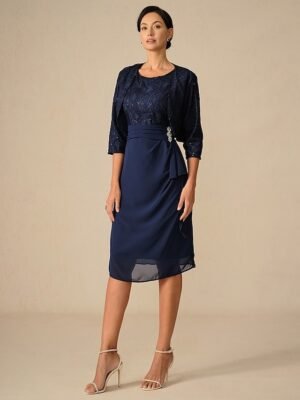 Elegant Sheath Lace Patchwork Crew Neck 3/4 Sleeve Midi Dress - Image 3