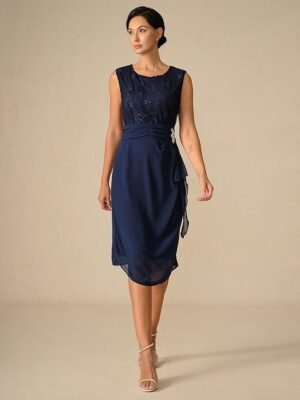Elegant Sheath Lace Patchwork Crew Neck 3/4 Sleeve Midi Dress - Image 6