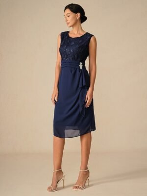 Elegant Sheath Lace Patchwork Crew Neck 3/4 Sleeve Midi Dress - Image 7
