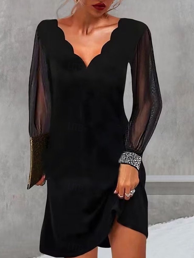 Elegant Sheath Mesh V Neck Long Sleeve Maxi Dress - Image 2