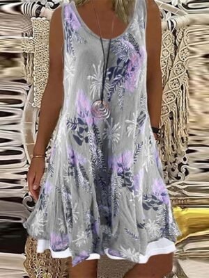 Elegant Shift Floral Crew Neck Sleeveless Mini Dress - Image 2