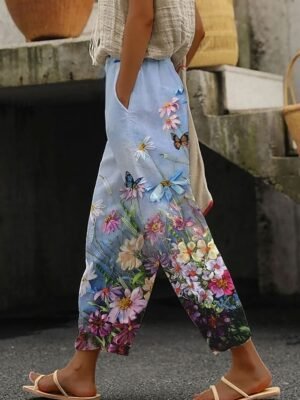 Elegant Skinny Vintage Floral High Waist Full Length Pants - Image 1