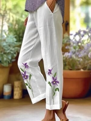 Elegant Skinny Vintage Floral High Waist Full Length Pants - Image 3