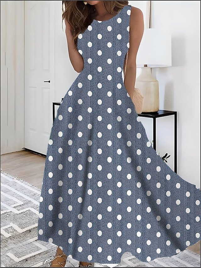 Elegant Sleeveless Polka Dot Crew Neck Long Maxi Dress - Image 1