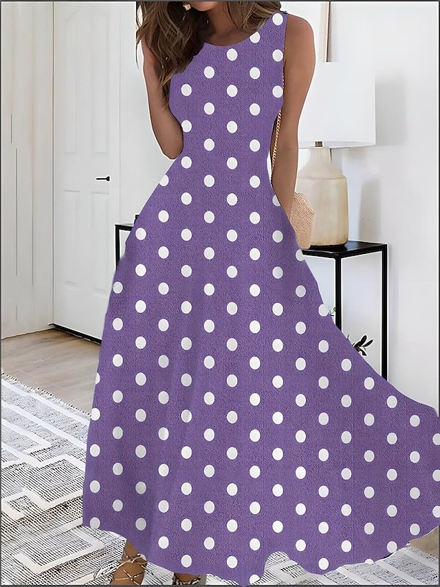 Elegant Sleeveless Polka Dot Crew Neck Long Maxi Dress - Image 2