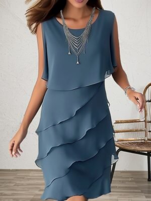Elegant Sleeveless Pure Colour Crew Neck Ruffle Midi Dress - Image 1