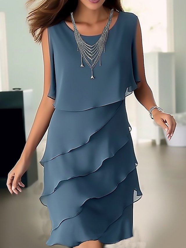 Elegant Sleeveless Pure Colour Crew Neck Ruffle Midi Dress - Image 2