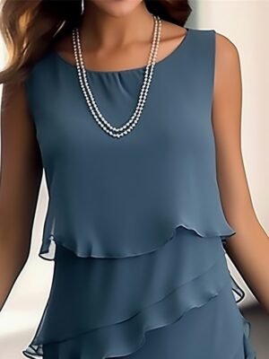 Elegant Sleeveless Pure Colour Crew Neck Ruffle Midi Dress - Image 3