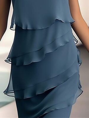 Elegant Sleeveless Pure Colour Crew Neck Ruffle Midi Dress - Image 4