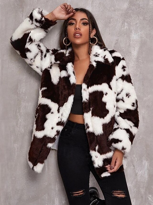 Elegant Slim Cow Print Lapel Long Sleeve Faux Fur Coat - Image 1
