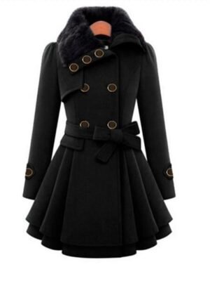 Elegant Slim Fit Double Breasted Long Sleeve Belted Winter Pea Coat - Image 1