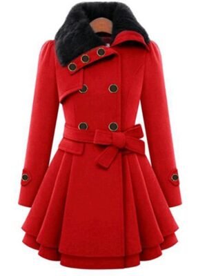 Elegant Slim Fit Double Breasted Long Sleeve Belted Winter Pea Coat - Image 2