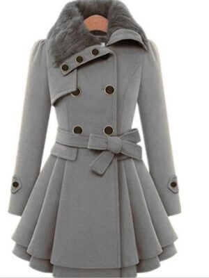 Elegant Slim Fit Double Breasted Long Sleeve Belted Winter Pea Coat - Image 3