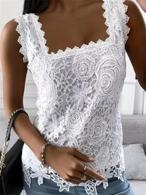 Elegant Slim Fit Floral Lace Square Neck Sleeveless Top - Image 1