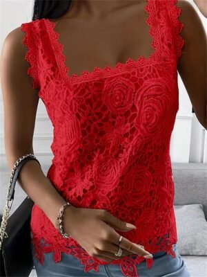 Elegant Slim Fit Floral Lace Square Neck Sleeveless Top - Image 3