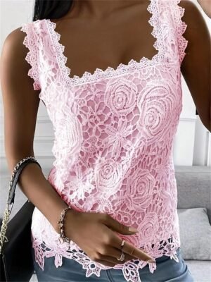 Elegant Slim Fit Floral Lace Square Neck Sleeveless Top - Image 5