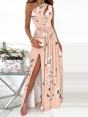 Elegant Slim Floral One Shoulder Sleeveless Maxi Dress - Image 10