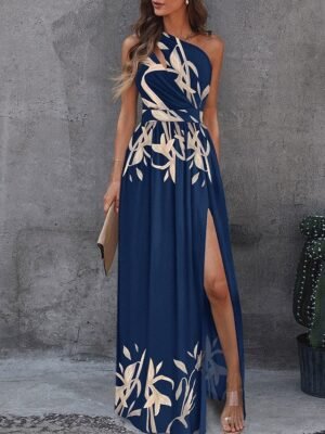 Elegant Slim Floral One Shoulder Sleeveless Maxi Dress - Image 3