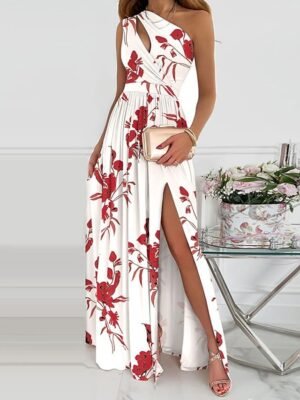 Elegant Slim Floral One Shoulder Sleeveless Maxi Dress - Image 5
