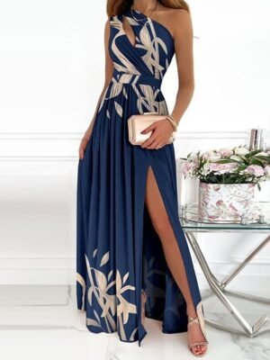 Elegant Slim Floral One Shoulder Sleeveless Maxi Dress - Image 7