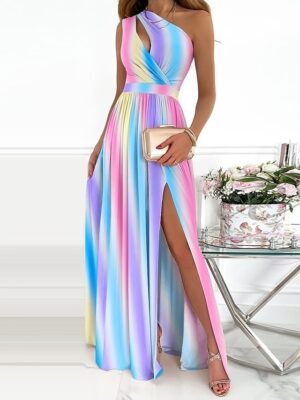 Elegant Slim Floral One Shoulder Sleeveless Maxi Dress - Image 9