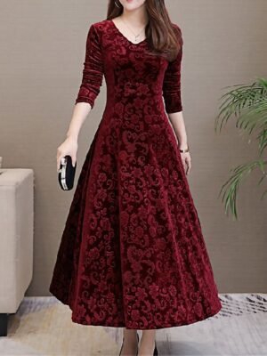 Elegant Slim Floral V Neck Long Sleeve Midi Dress - Image 1
