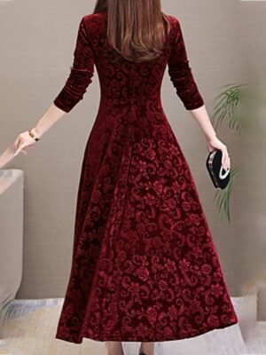 Elegant Slim Floral V Neck Long Sleeve Midi Dress - Image 2