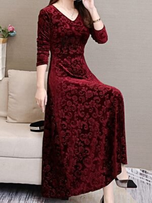 Elegant Slim Floral V Neck Long Sleeve Midi Dress - Image 3