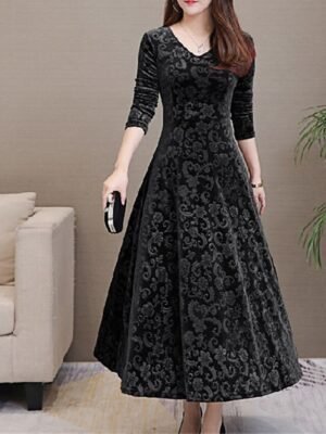 Elegant Slim Floral V Neck Long Sleeve Midi Dress - Image 4