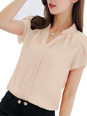Elegant Slim Plain V Neck Short Sleeve Blouse - Image 5