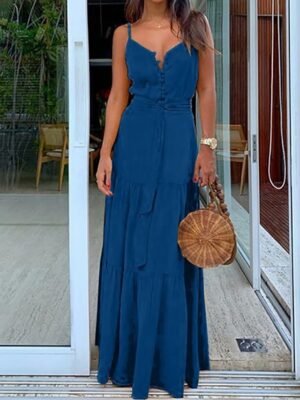 Elegant Slim Pure Colour Spaghetti Strap Sleeveless Maxi Dress - Image 3