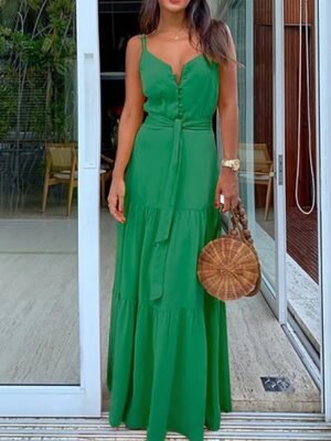 Elegant Slim Pure Colour Spaghetti Strap Sleeveless Maxi Dress - Image 4