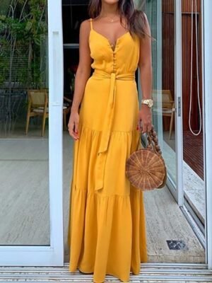 Elegant Slim Pure Colour Spaghetti Strap Sleeveless Maxi Dress - Image 5