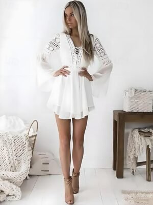 Elegant Slim Pure Colour V Neck Long Sleeve Mini Dress - Image 1