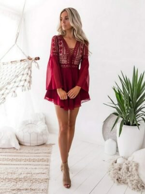 Elegant Slim Pure Colour V Neck Long Sleeve Mini Dress - Image 2