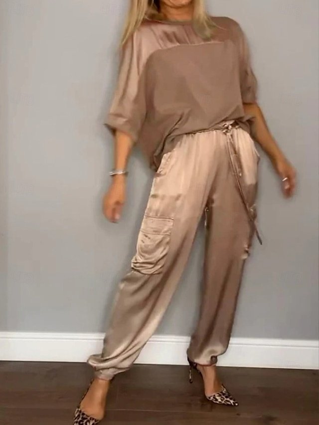 Elegant Slim Solid Colour 3/4 Sleeve Gold Two Piece Set - Image 1