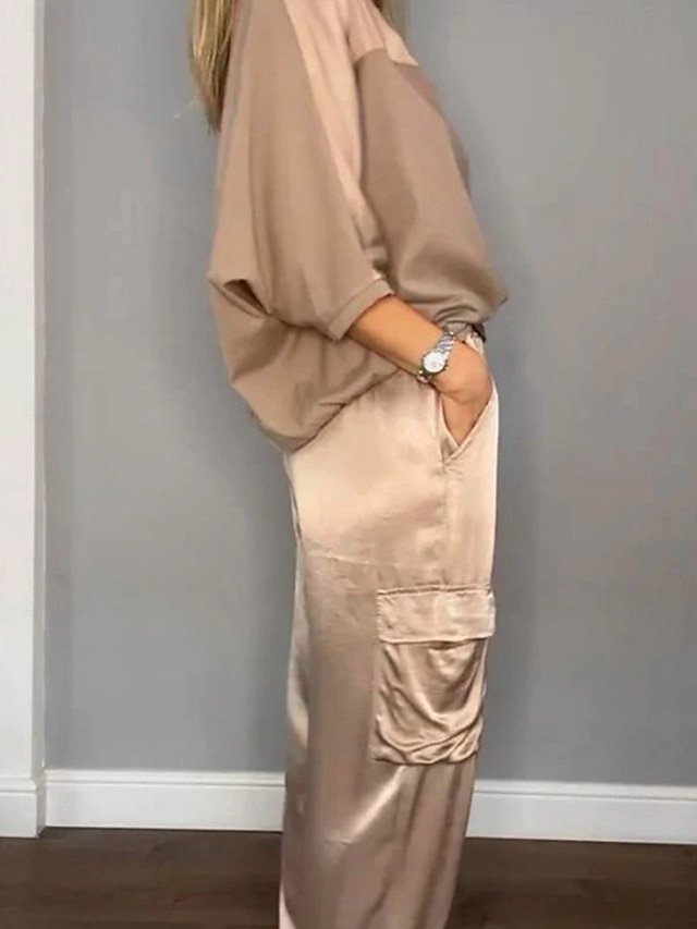 Elegant Slim Solid Colour 3/4 Sleeve Gold Two Piece Set - Image 2